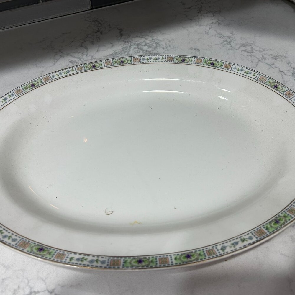 Antique KT&K Oval Platter 15" – Gold Rim, Pastel Floral Border, Crazed Glaze